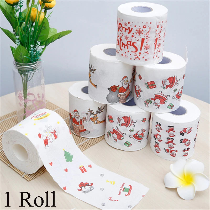 Christmas Toilet Paper Festival Theme Printed Wood Pulp Toilet Paper Festive Gifts Roll Santa Claus Reindeer Decor Supplies