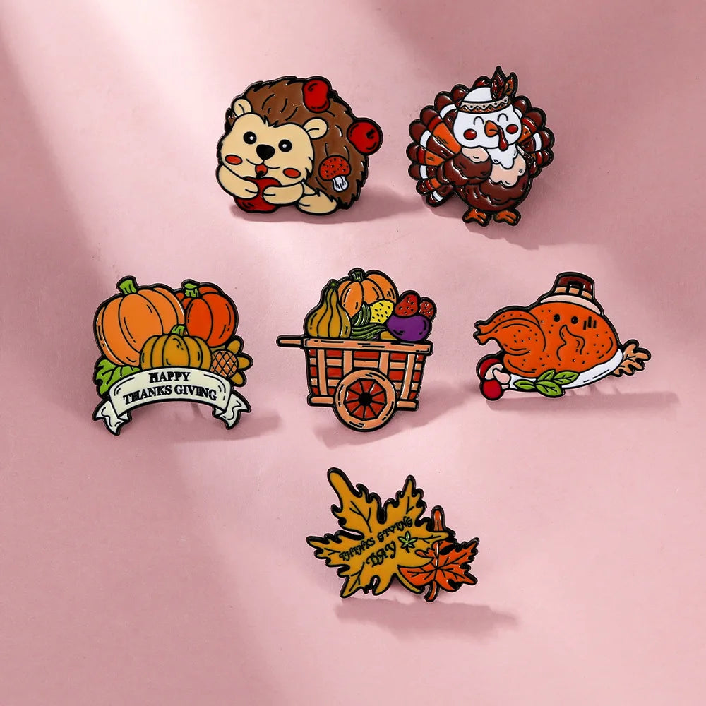 Cute Cartoon Thanksgiving Enamel Brooch Creative Animal Hedgehog Pumpkin Turkey Lapel Pin Badge Backpack Clothing Accessories