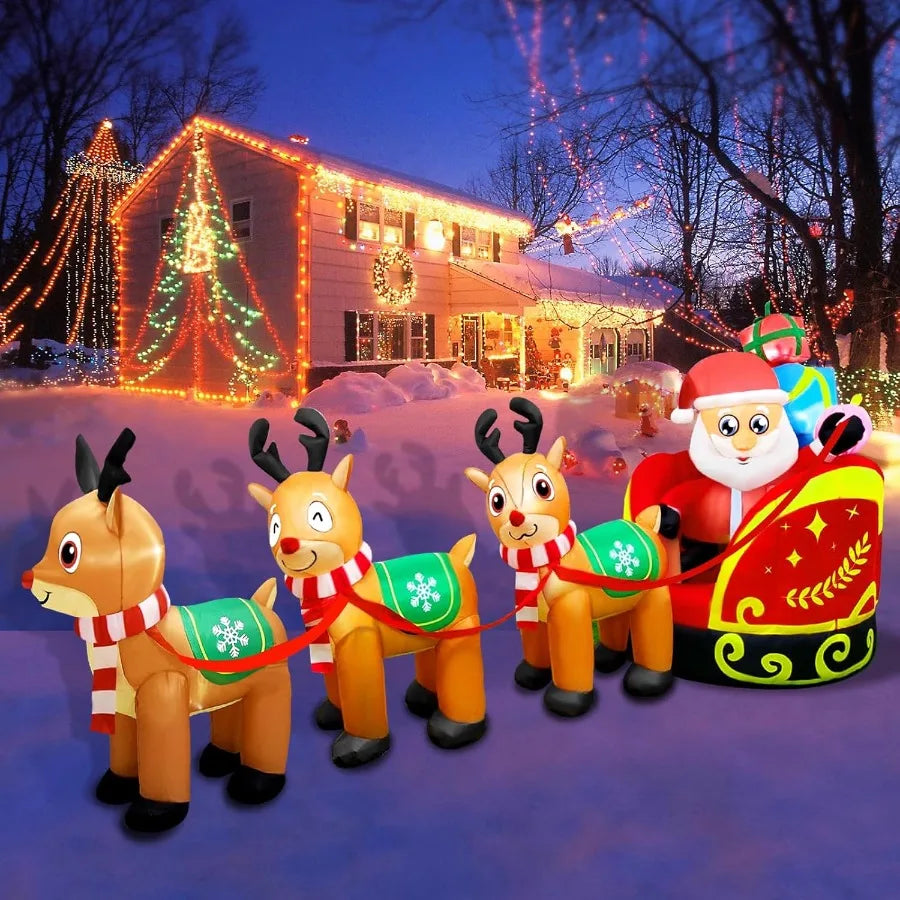 Giant Inflatable Outdoor Decoration Santa Claus on Sleigh with 3 Reindeer Builtin LED Light for Lawn Party Holiday Christmas De
