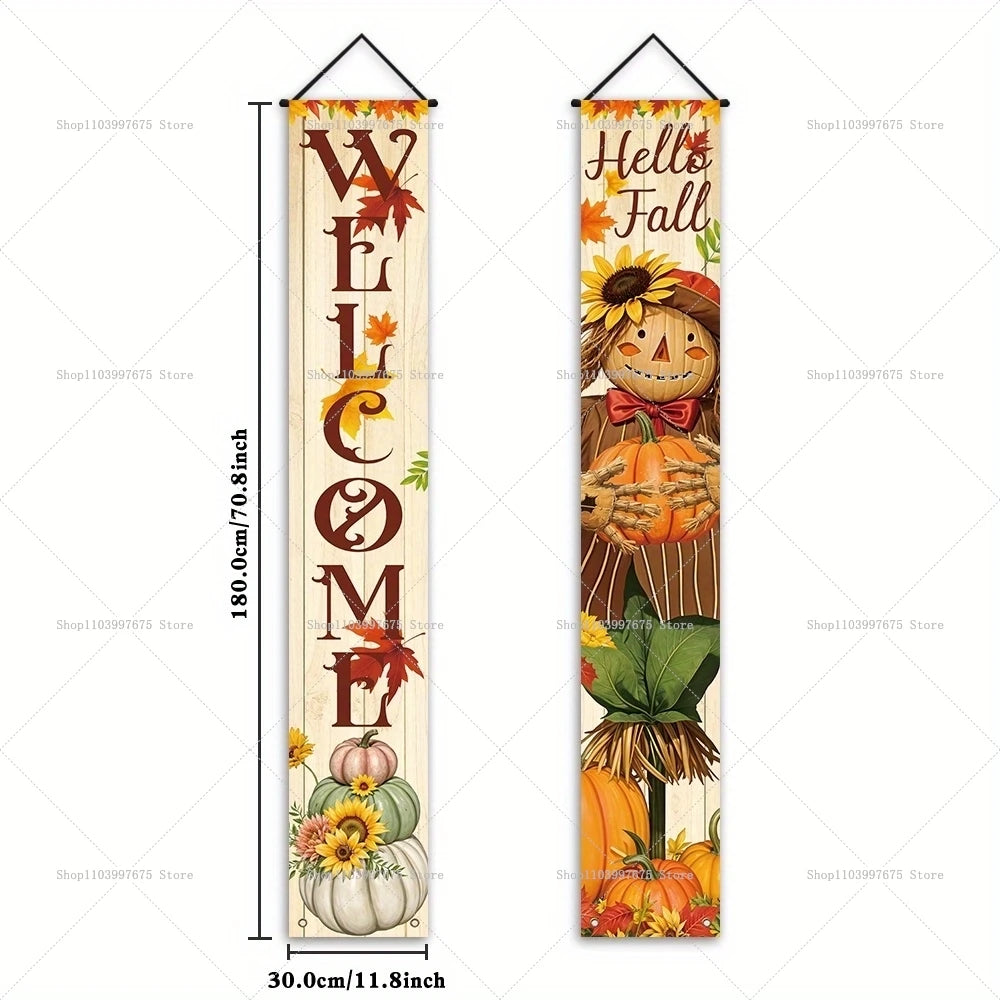 Thanksgiving Autumn Pumpkins Maple Leaf Banners Decorations Couplets Porch Welcome Sign Indoor Outdoor Wall Hanging Banners