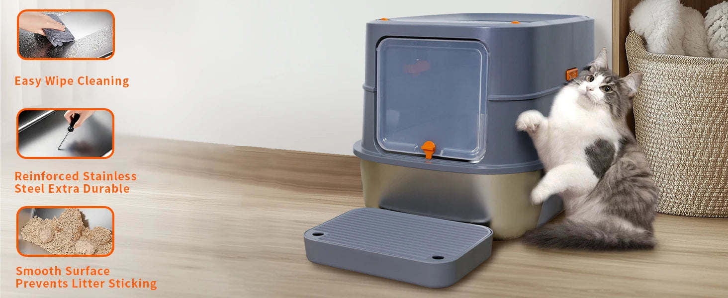 Extra Large Stainless Steel Cat Litter Box Full Enclosed Cat Litter Tray Pan High Sided Enclosure Removable Lid with Scoop