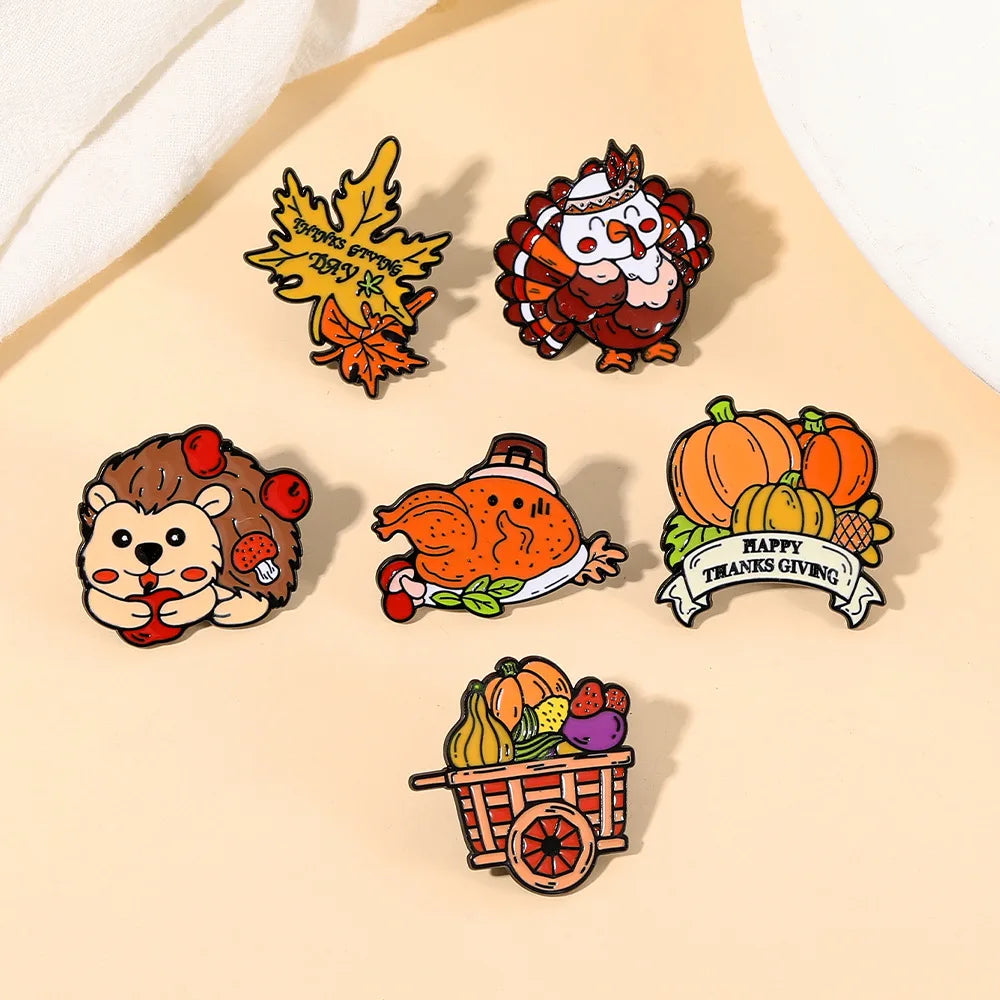 Cute Cartoon Thanksgiving Enamel Brooch Creative Animal Hedgehog Pumpkin Turkey Lapel Pin Badge Backpack Clothing Accessories