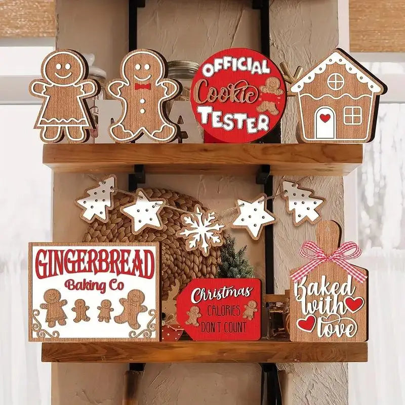 12-Piece Wooden Christmas Tiered Tray Set: Featuring Colorful Snowmen, Gingerbread, and Santa Signs for Festive Cheer