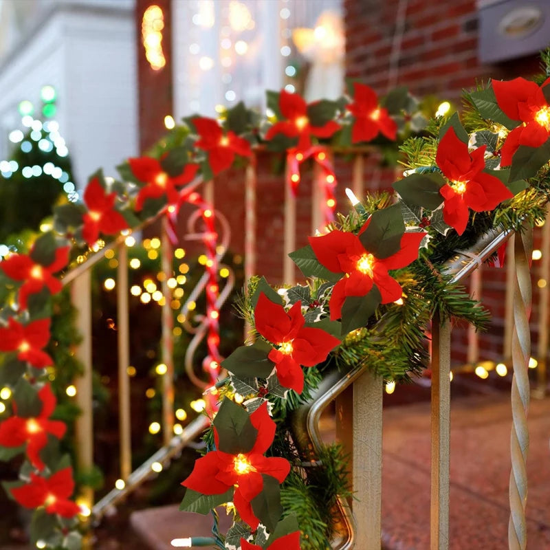 2M10LED Christmas Garland Lighting Strings Artificial Red Flowers Holly Leaves  for Home 2024 Xmas Ornament New Year Gifts 2025