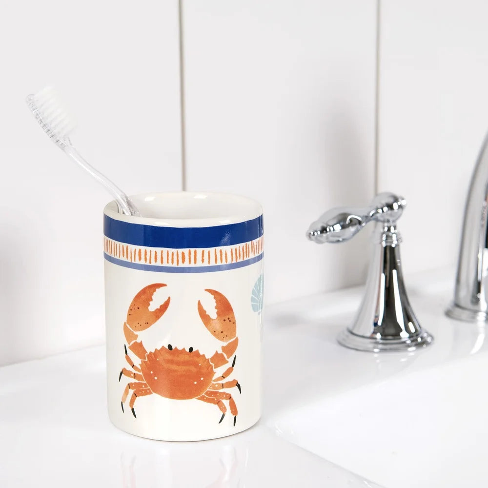 Ceramic Bath Accessory Set with Soap Lotion Pump and Multi-Purpose Toothbrush Holder Tumbler Novelty Crab Design Bathroom Decor