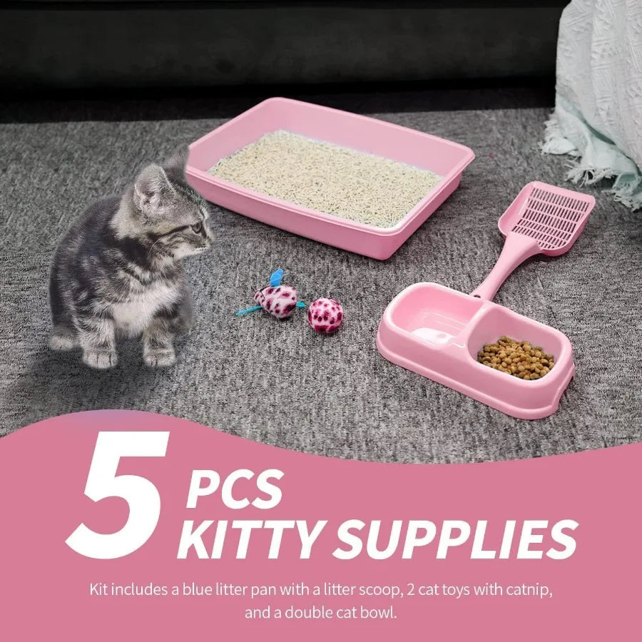 Pink Small Cat Litter Box Set for Kittens with Low Entry Design Includes Plastic Litter Box Scooper Bowls Mouse Toy and Ball To