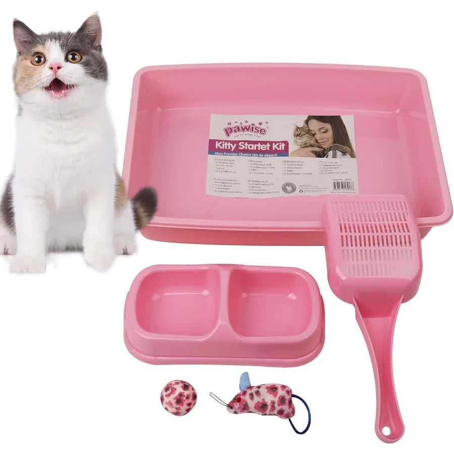 Pink Small Cat Litter Box Set for Kittens with Low Entry Design Includes Plastic Litter Box Scooper Bowls Mouse Toy and Ball To