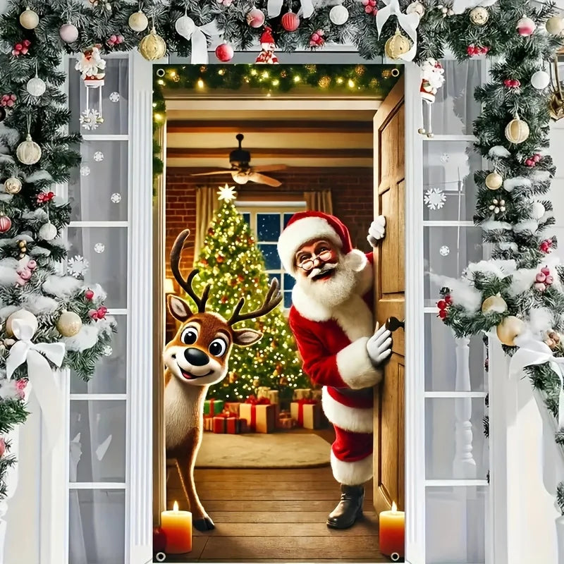 Winter Santa Claus Christmas Deer Door Cover Decoration Hanging Door Banner Winter Cute Outdoor Xmas Backdrop Christmas