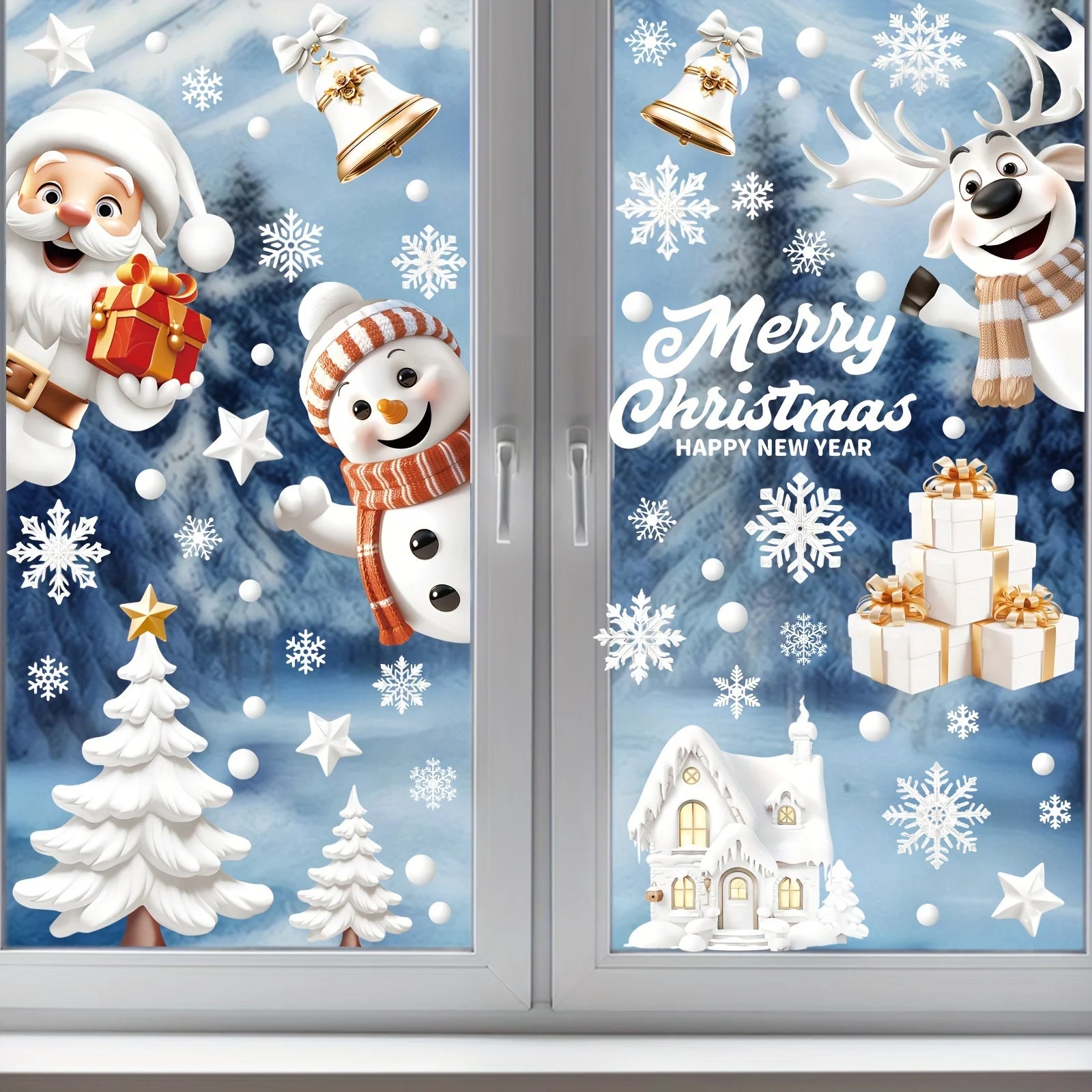 146-Piece Double-Sided Christmas Window Cling Set - Festive Reusable PVC Decorations with Santa, Snowman, Reindeer