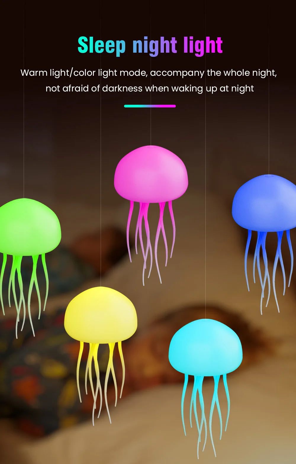 Jellyfish Cartoon LED Nihgt Light Voice Control Gradient Cute Rotating Jellyfish Hanging Bedside Lamp RGB Table Lamps Room Decor