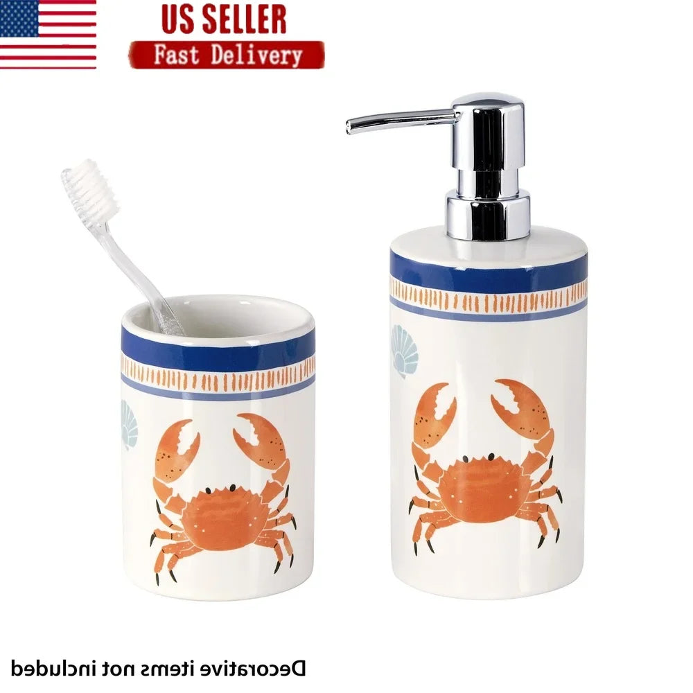Ceramic Bath Accessory Set with Soap Lotion Pump and Multi-Purpose Toothbrush Holder Tumbler Novelty Crab Design Bathroom Decor