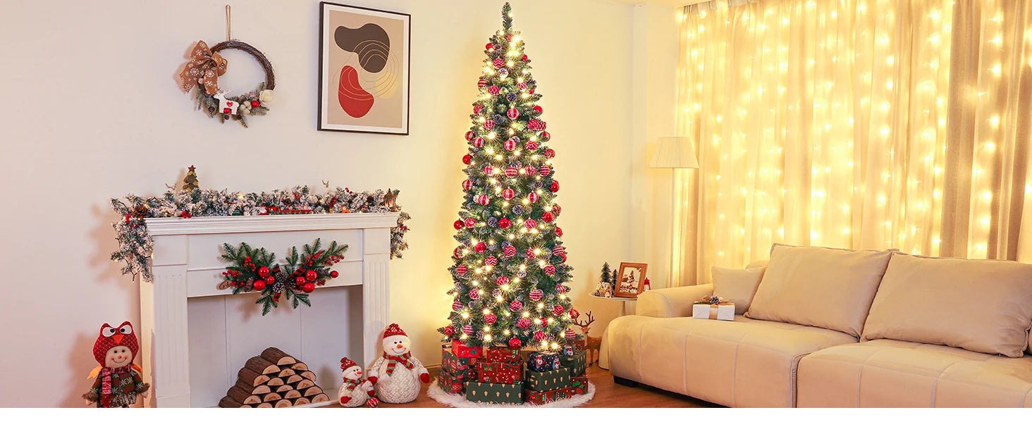 Homde Pencil Christmas Tree 5 Foot Pre-Lit Artificial Christmas Tree Flocked Snow Pine Cone 140 Warm White Light Holiday Decor