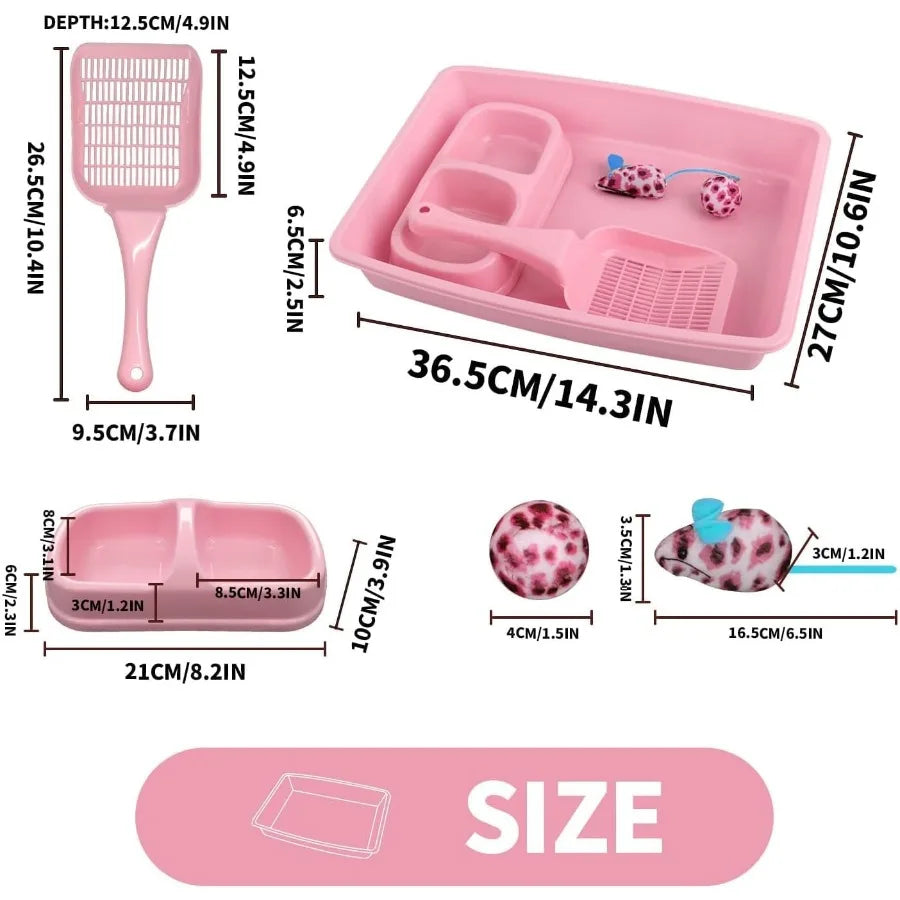 Pink Small Cat Litter Box Set for Kittens with Low Entry Design Includes Plastic Litter Box Scooper Bowls Mouse Toy and Ball To