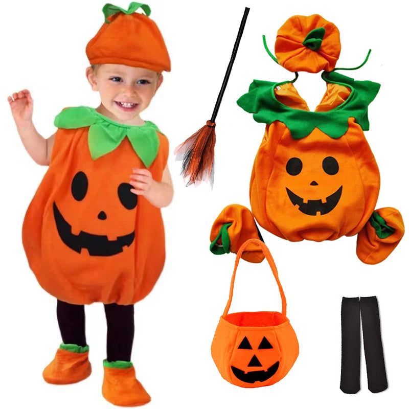2025 Kids Halloween Party Costume Pumpkin Romper with Hat Shoes Toddler One-Piece Boy Girl Baby Jumpsuit Cosplay Clothing Set