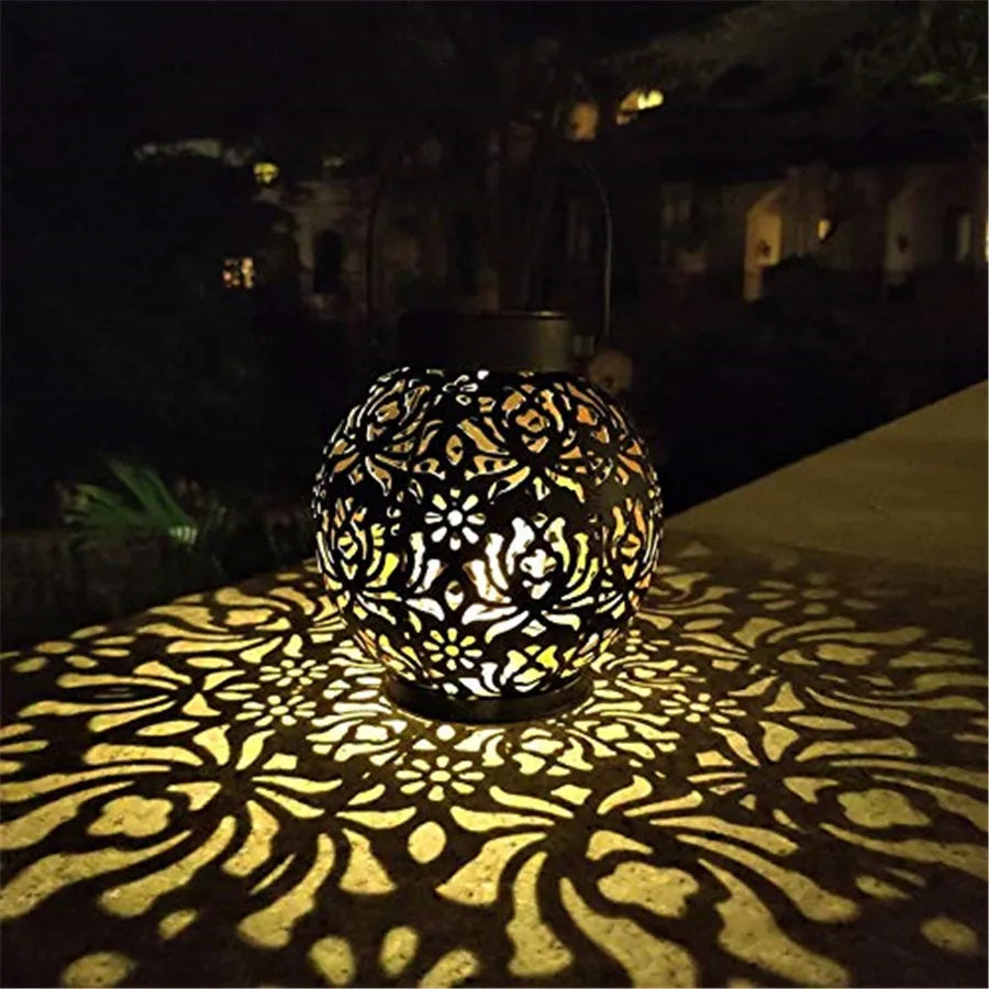 Retro solar LED hollow waterproof wrought iron chandelier is suitable for outdoor garden terrace landscape light decoration