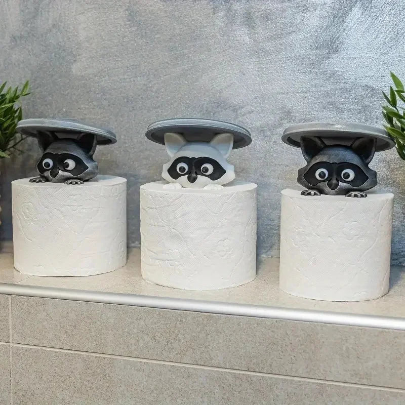 1Pc Adorable 3D Printed Raccoon Toilet Roll Paper Holder White Plastic Playful Bathroom Decor Tissue Holder with Lid Decoration