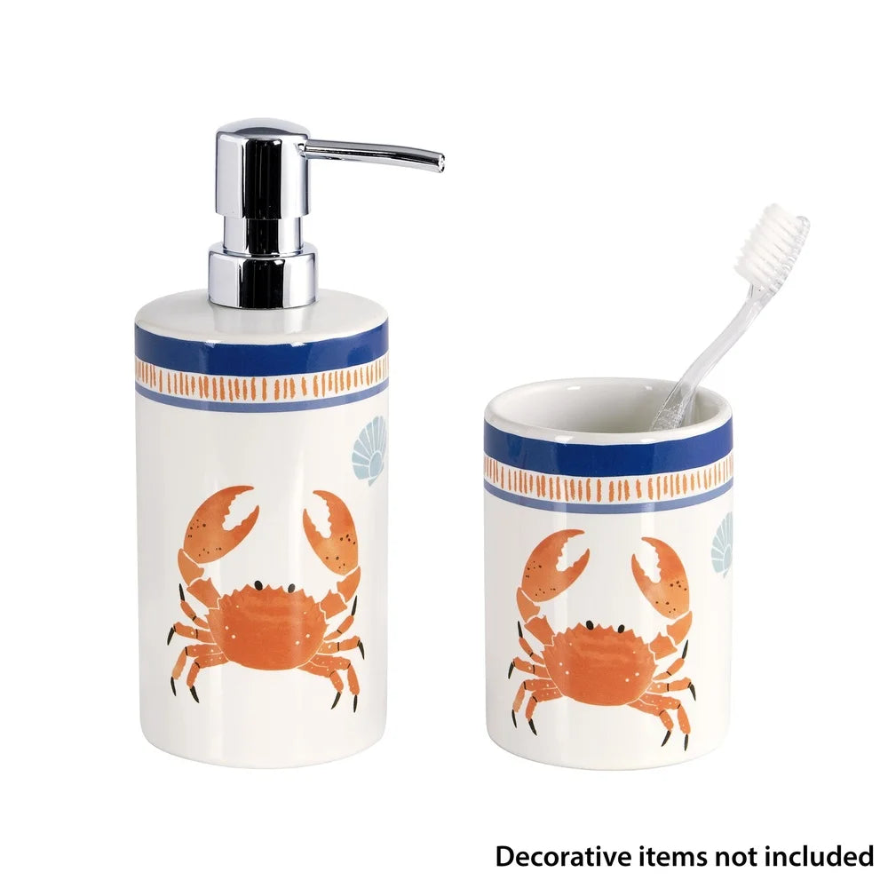 Ceramic Bath Accessory Set with Soap Lotion Pump and Multi-Purpose Toothbrush Holder Tumbler Novelty Crab Design Bathroom Decor