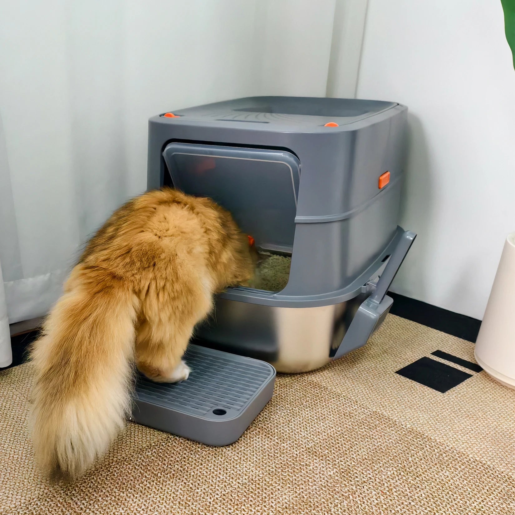 Extra Large Stainless Steel Cat Litter Box Full Enclosed Cat Litter Tray Pan High Sided Enclosure Removable Lid with Scoop