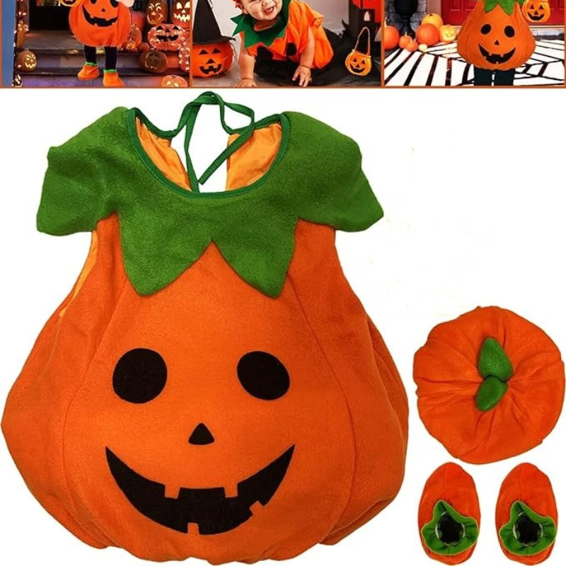 2025 Kids Halloween Party Costume Pumpkin Romper with Hat Shoes Toddler One-Piece Boy Girl Baby Jumpsuit Cosplay Clothing Set