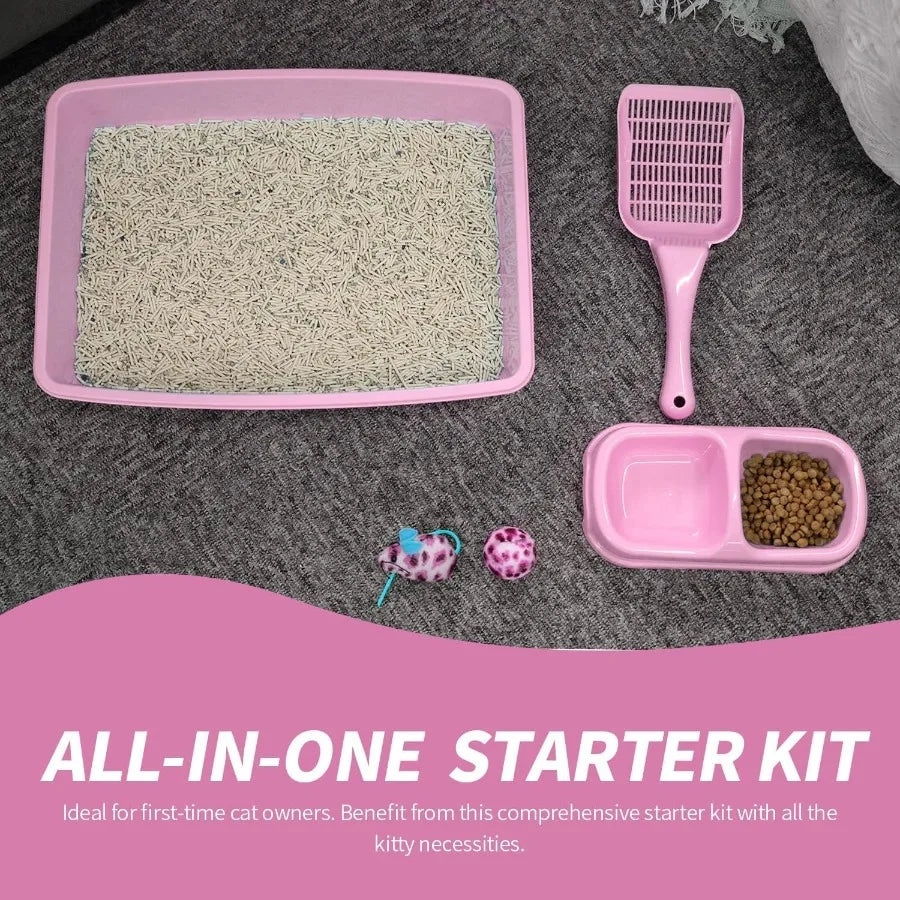 Pink Small Cat Litter Box Set for Kittens with Low Entry Design Includes Plastic Litter Box Scooper Bowls Mouse Toy and Ball To