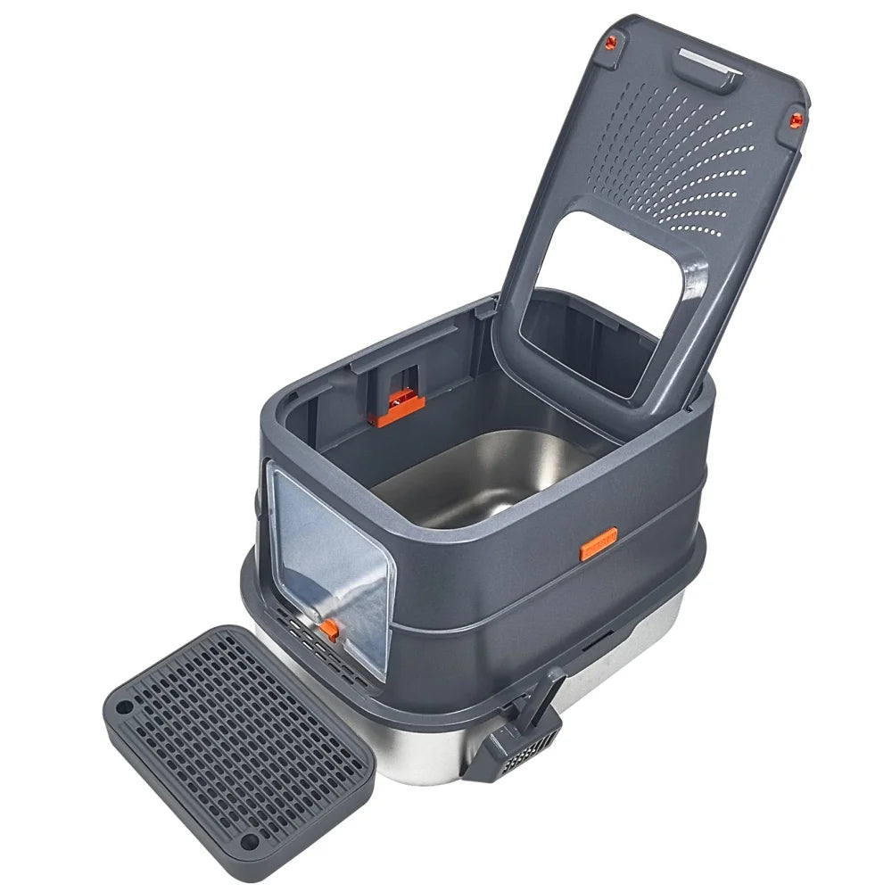 Extra Large Stainless Steel Cat Litter Box Full Enclosed Cat Litter Tray Pan High Sided Enclosure Removable Lid with Scoop