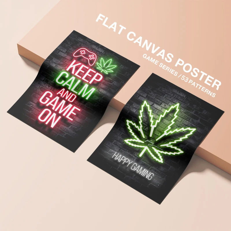 Motivational Neon Effect Game Slogan Pictures Flat Printed on Canvas Wall Posters and Paintings for Game Room Decor Gamers’ Gift