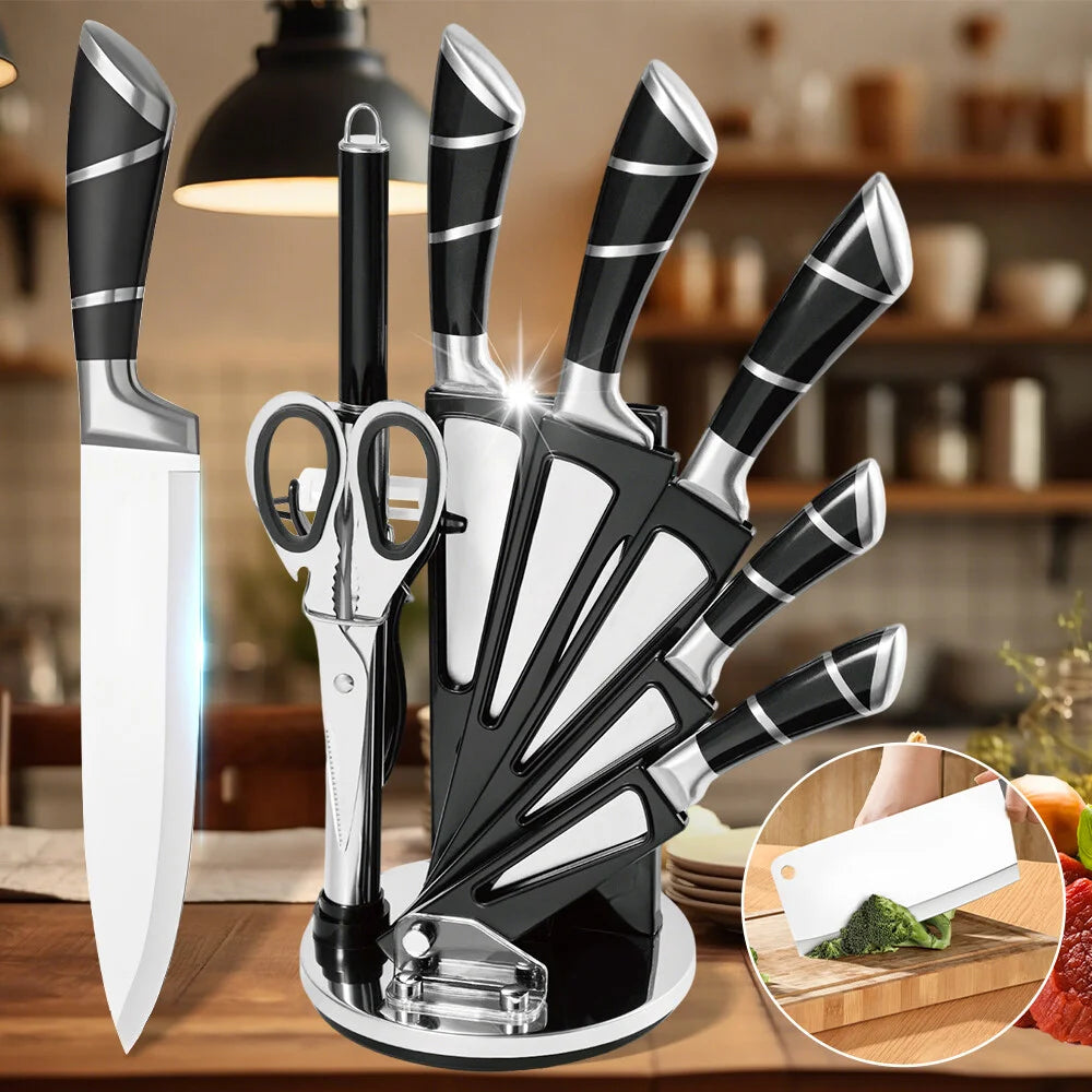 MDHAND  Stainless Steel Kitchen Knife Set Sharp Non-Stick Coated Chef Knives with Sharpener for Cutting Slicing Dicing Chopping