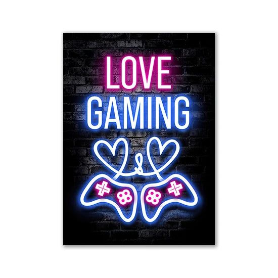 Motivational Neon Effect Game Slogan Pictures Flat Printed on Canvas Wall Posters and Paintings for Game Room Decor Gamers’ Gift