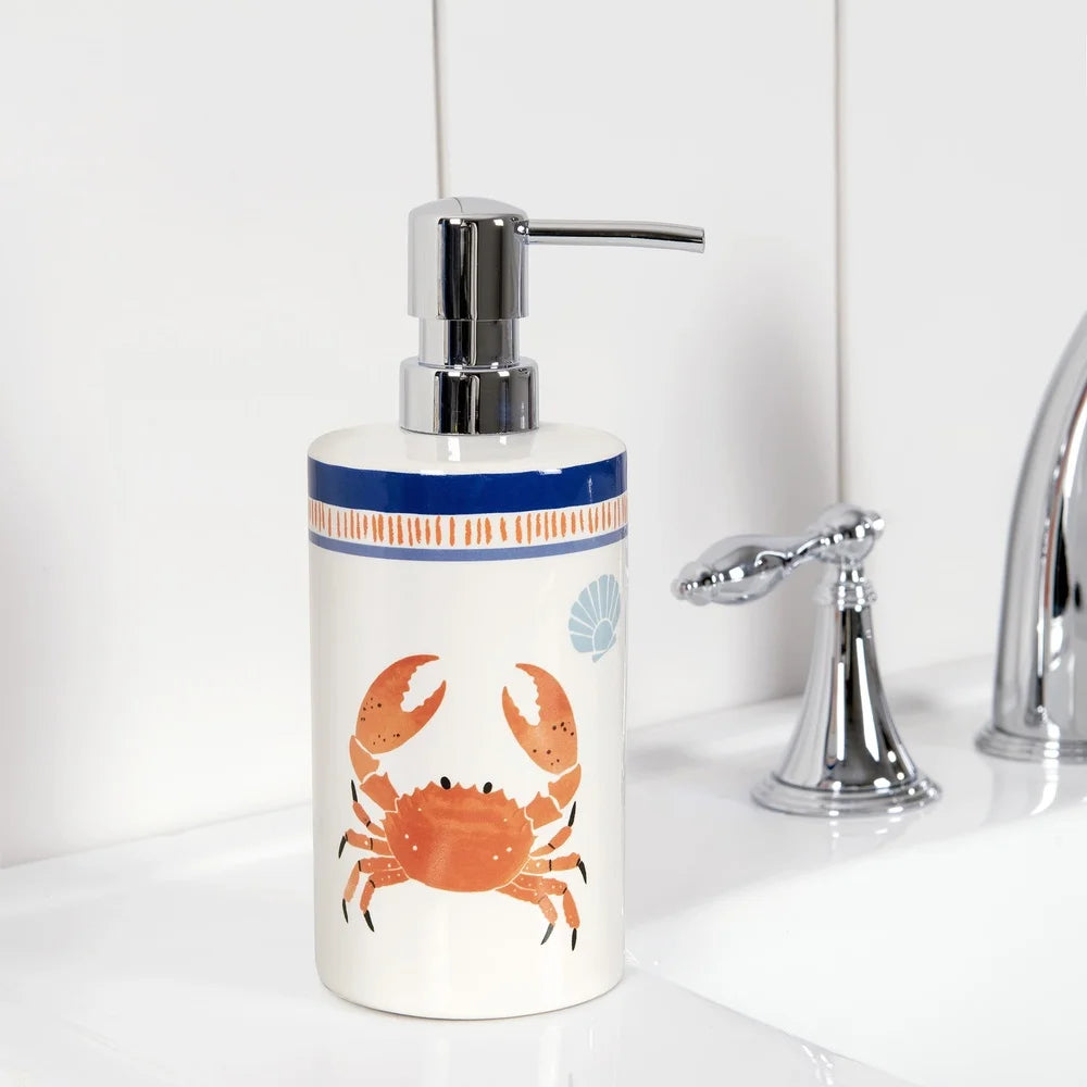 Ceramic Bath Accessory Set with Soap Lotion Pump and Multi-Purpose Toothbrush Holder Tumbler Novelty Crab Design Bathroom Decor