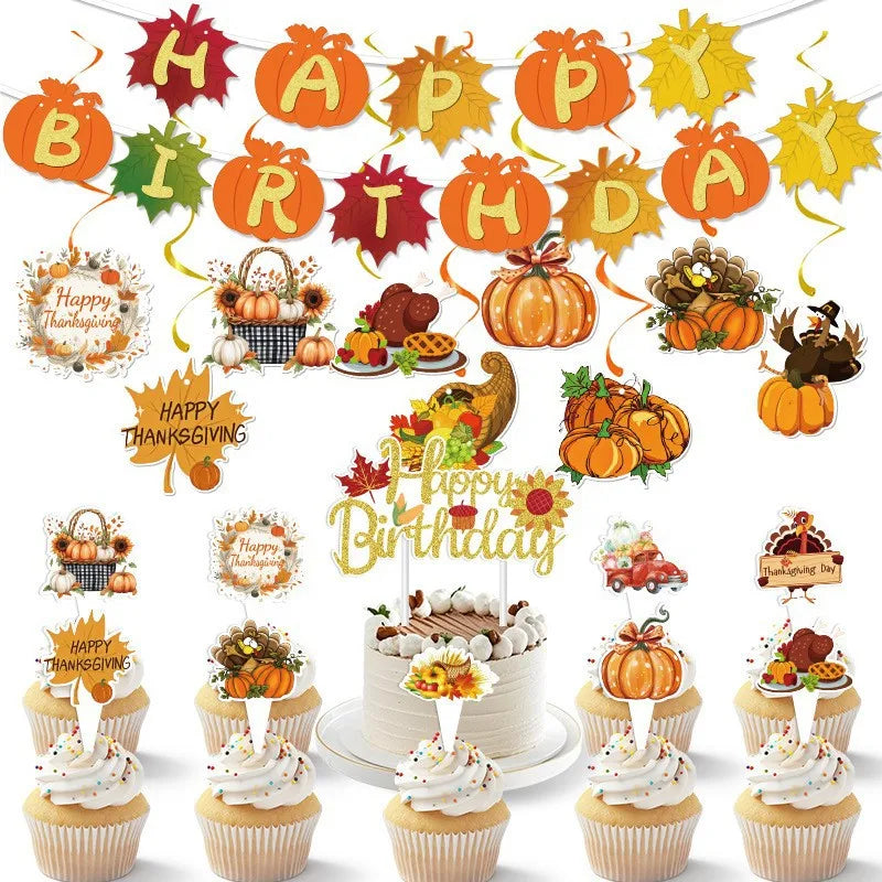 Paper Autumn Theme Flag String Thanksgiving Maple Leaf Pumpkin Banner Letters To Pull Flag Birthday Party Setup Happy Birthday