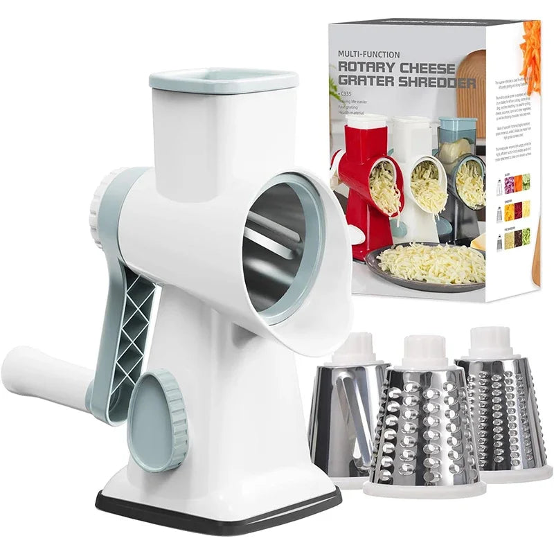 3-in-1 Rotary Cheese/Vegetable Grater & Nut Grinder, Manual Kitchen Slicer with Clear Container for Peanut/Food Prep