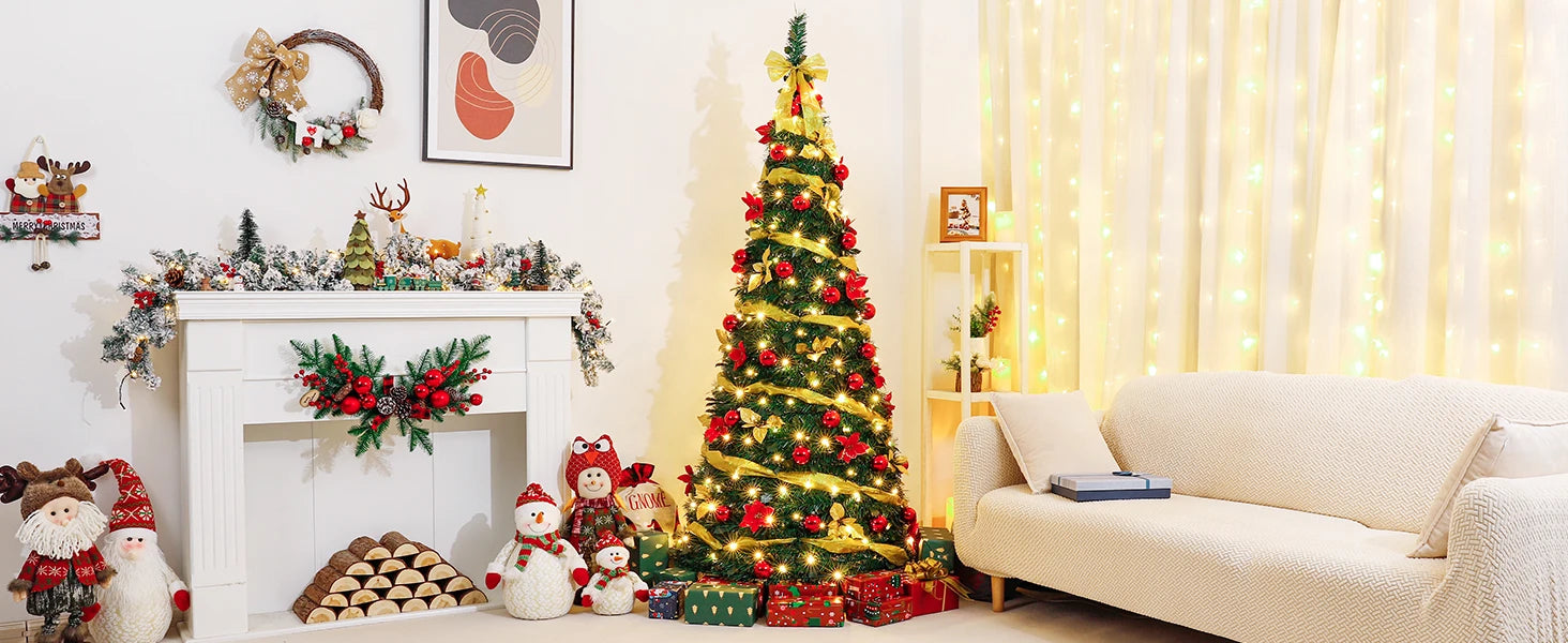 Homde Pencil Christmas Tree 5 Foot Pre-Lit Artificial Christmas Tree Flocked Snow Pine Cone 140 Warm White Light Holiday Decor