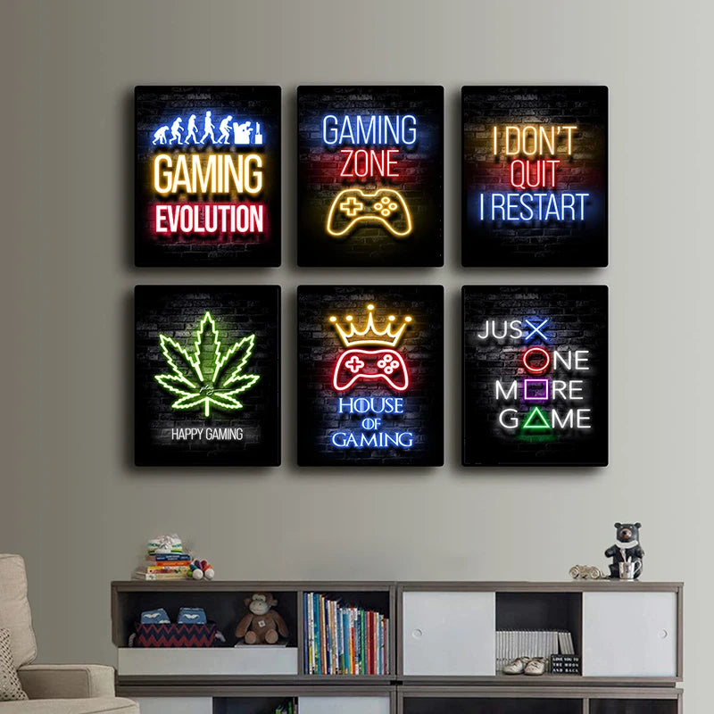 Motivational Neon Effect Game Slogan Pictures Flat Printed on Canvas Wall Posters and Paintings for Game Room Decor Gamers’ Gift