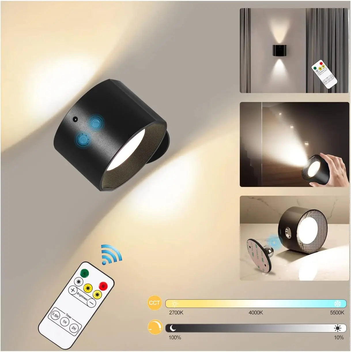 Led 2 in 1 Wall Lights Touch Control 2000mah Battery Usb Recharge 360° Rotatable Wireless Portable  Bedroom Reading Night Lamp