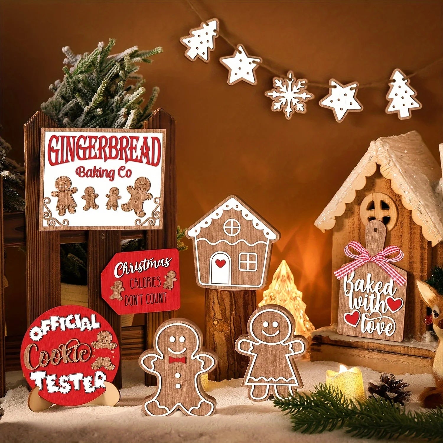 12-Piece Wooden Christmas Tiered Tray Set: Featuring Colorful Snowmen, Gingerbread, and Santa Signs for Festive Cheer