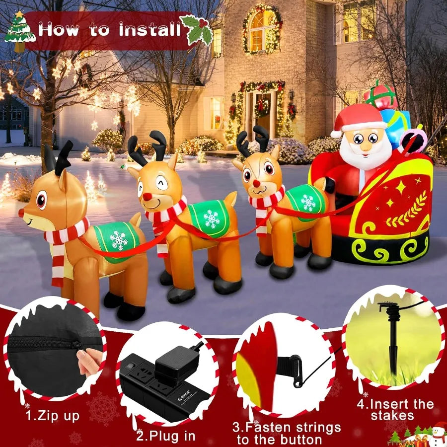 Giant Inflatable Outdoor Decoration Santa Claus on Sleigh with 3 Reindeer Builtin LED Light for Lawn Party Holiday Christmas De
