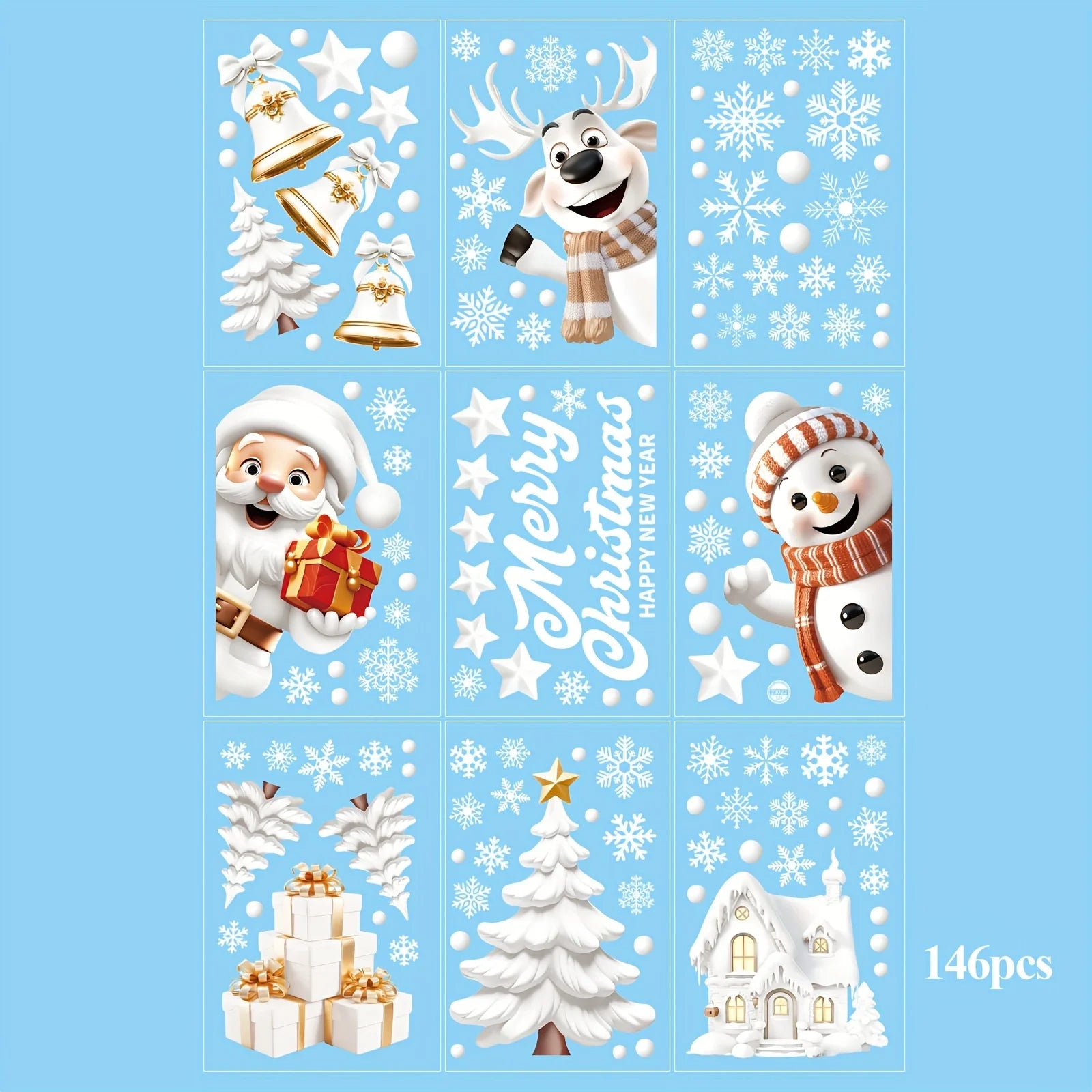 146-Piece Double-Sided Christmas Window Cling Set - Festive Reusable PVC Decorations with Santa, Snowman, Reindeer