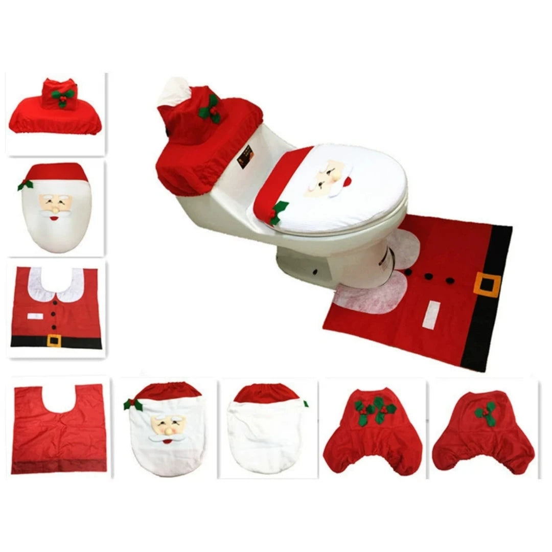 3PCS Christmas Bathroom Decoration Christmas Indoor Home Decor Toilet Set with Toilet Seat Cover,Tank Cover Cover and Rugs Set