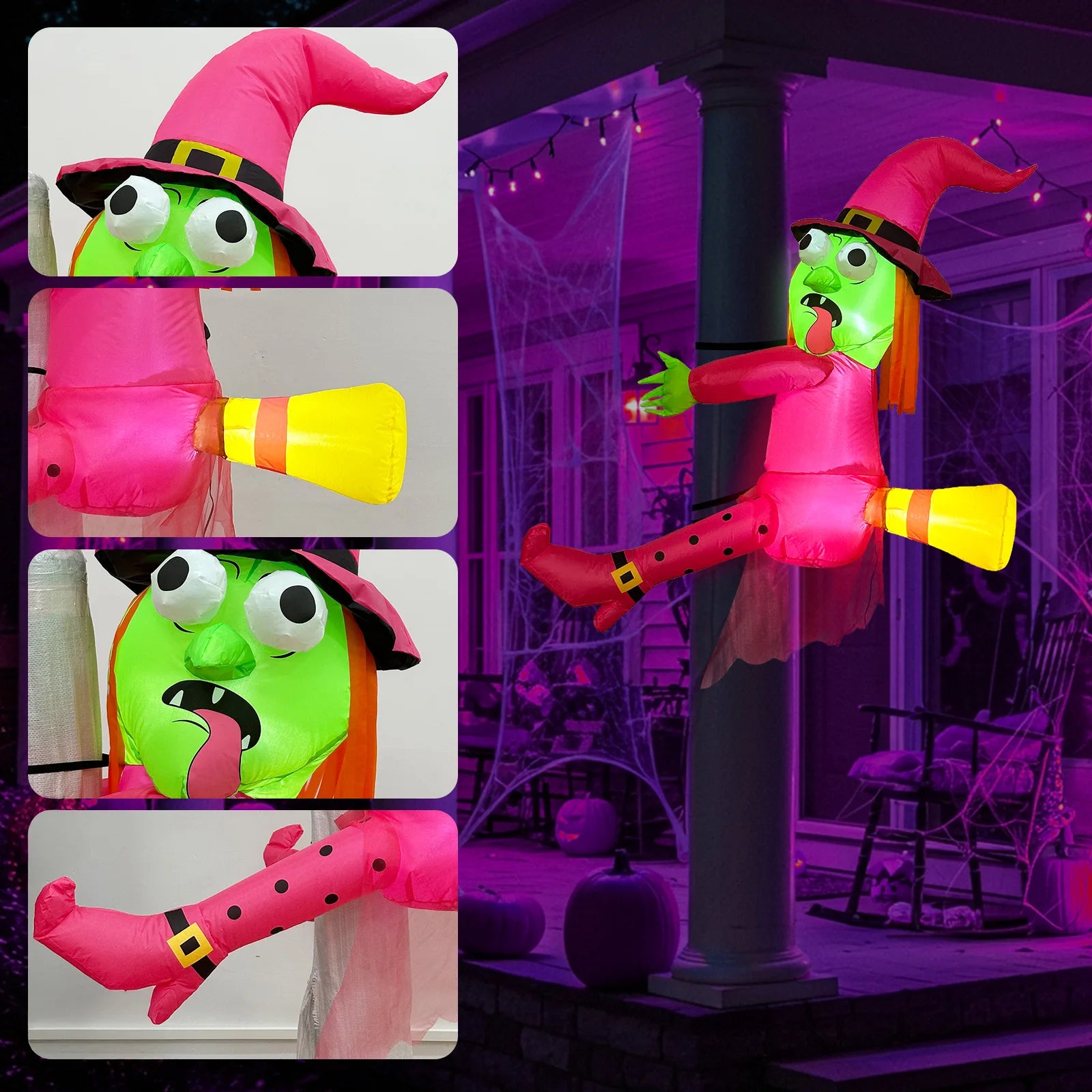 OurWarm Pink 4FT Halloween Inflatables Witch Outdoor Decor, Funny Blow Ups Witch Crashing into Tree,for Tree, Yard, Door, Window