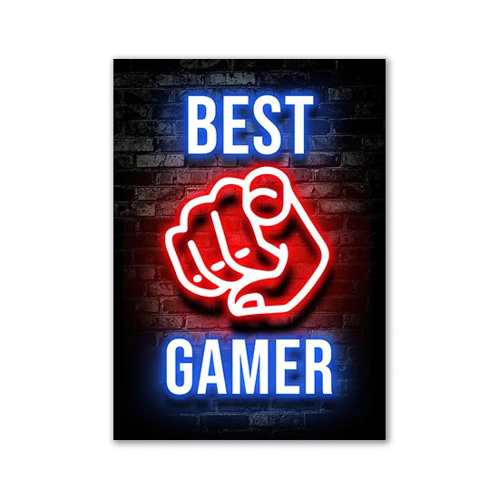 Motivational Neon Effect Game Slogan Pictures Flat Printed on Canvas Wall Posters and Paintings for Game Room Decor Gamers’ Gift