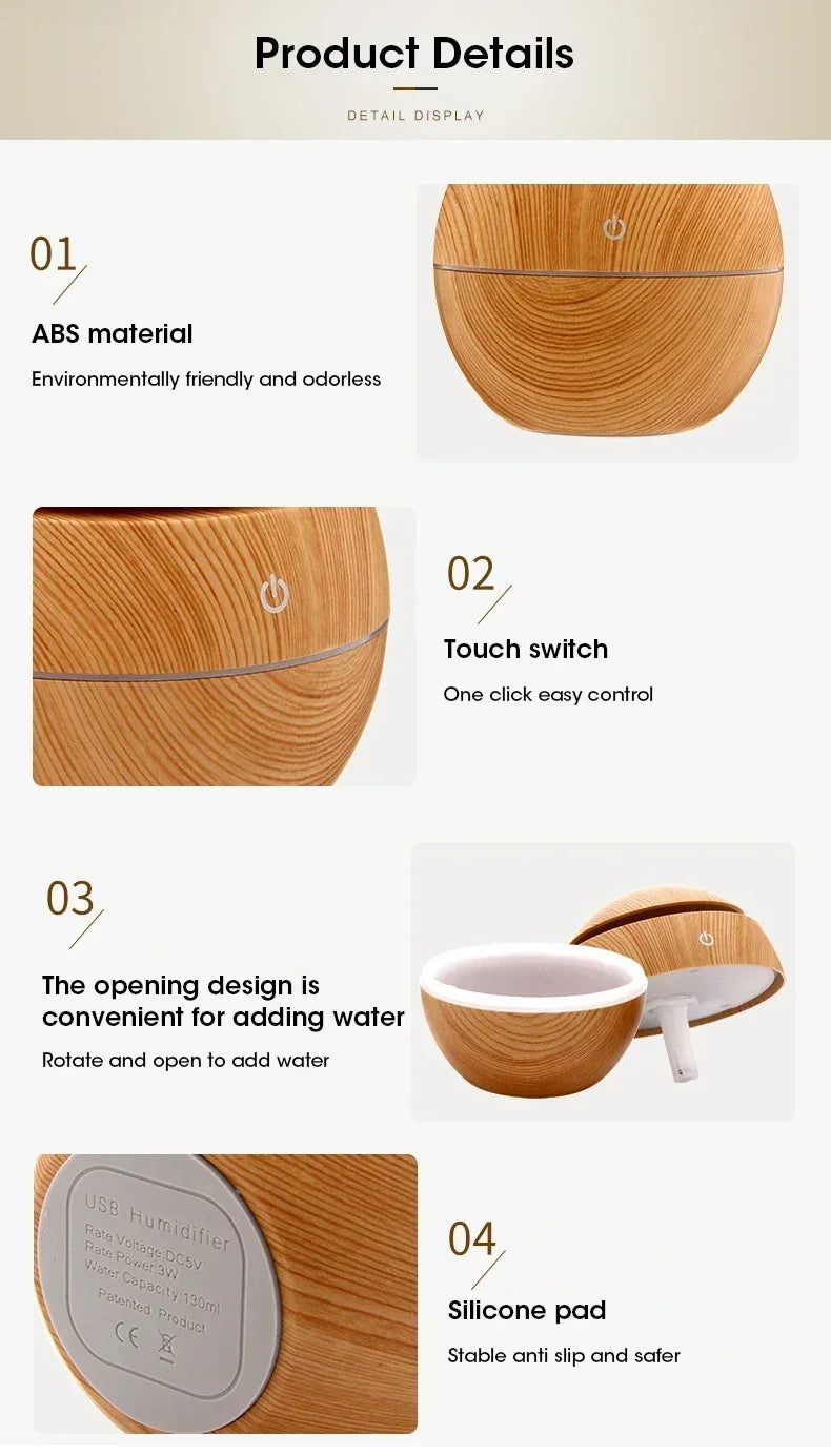 Mini Woodgrain Ultrasonic Humidifier USB Essential Oil Diffuser Portable Desktop Aromatherapy Air Humidifier for Home Office Use