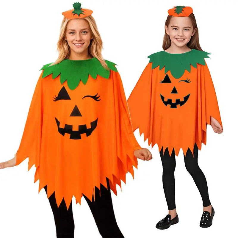 2PCS Halloween Pumpkin Costume for Women Girls Glow in the Dark Pumpkin Poncho with Headwear Unisex Party Clothes