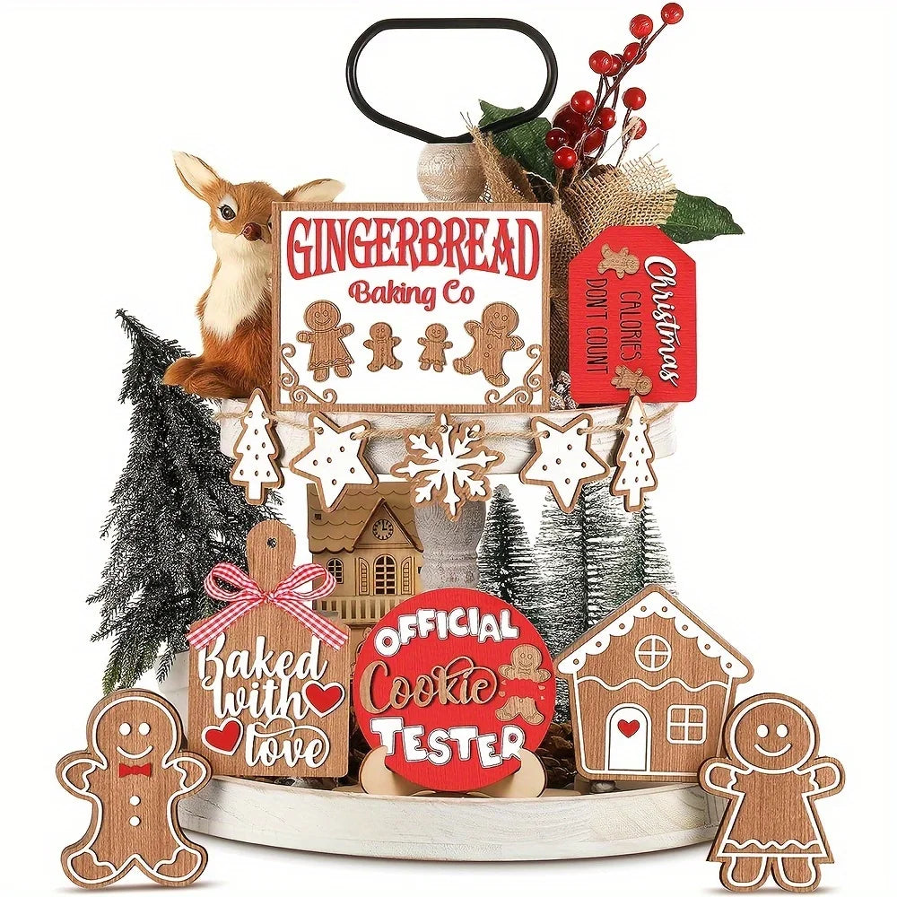 12-Piece Wooden Christmas Tiered Tray Set: Featuring Colorful Snowmen, Gingerbread, and Santa Signs for Festive Cheer