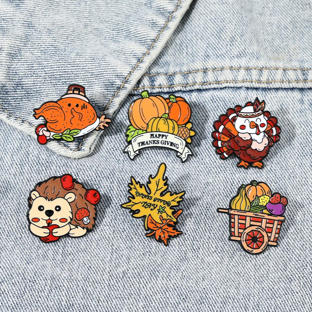 Cute Cartoon Thanksgiving Enamel Brooch Creative Animal Hedgehog Pumpkin Turkey Lapel Pin Badge Backpack Clothing Accessories