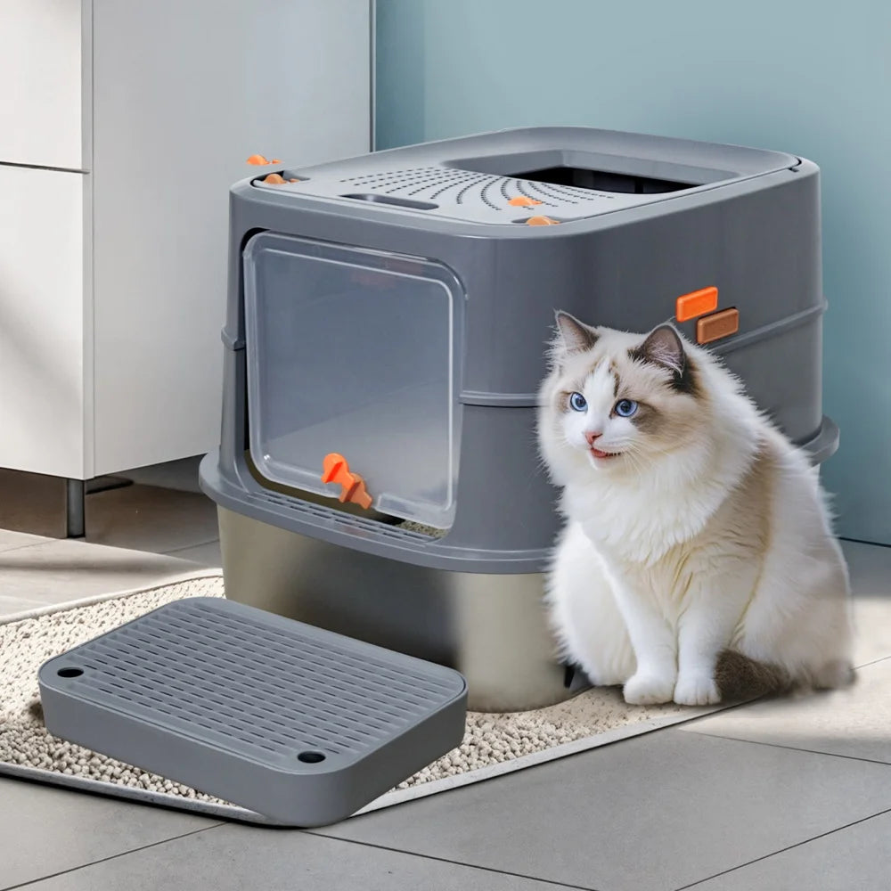 Extra Large Stainless Steel Cat Litter Box Full Enclosed Cat Litter Tray Pan High Sided Enclosure Removable Lid with Scoop