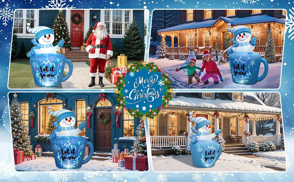 OurWarm 5FT Christmas Inflatable Snowman in Mug,Adorable Blue Snowman Blow Up Awaiting the Snow,for Yard Lawn Winter Inflatables