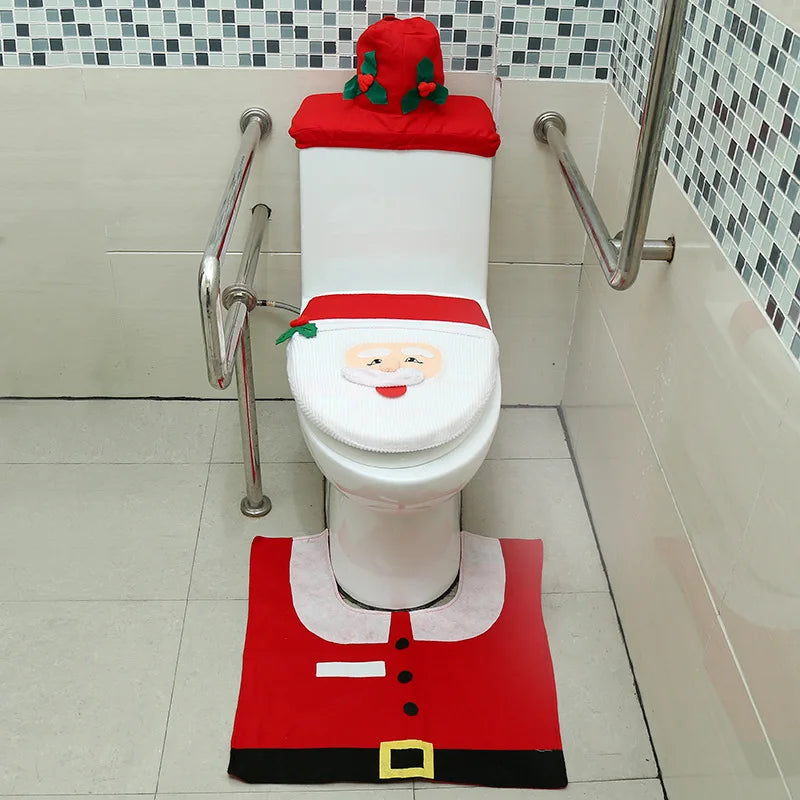 3PCS Christmas Bathroom Decoration Christmas Indoor Home Decor Toilet Set with Toilet Seat Cover,Tank Cover Cover and Rugs Set