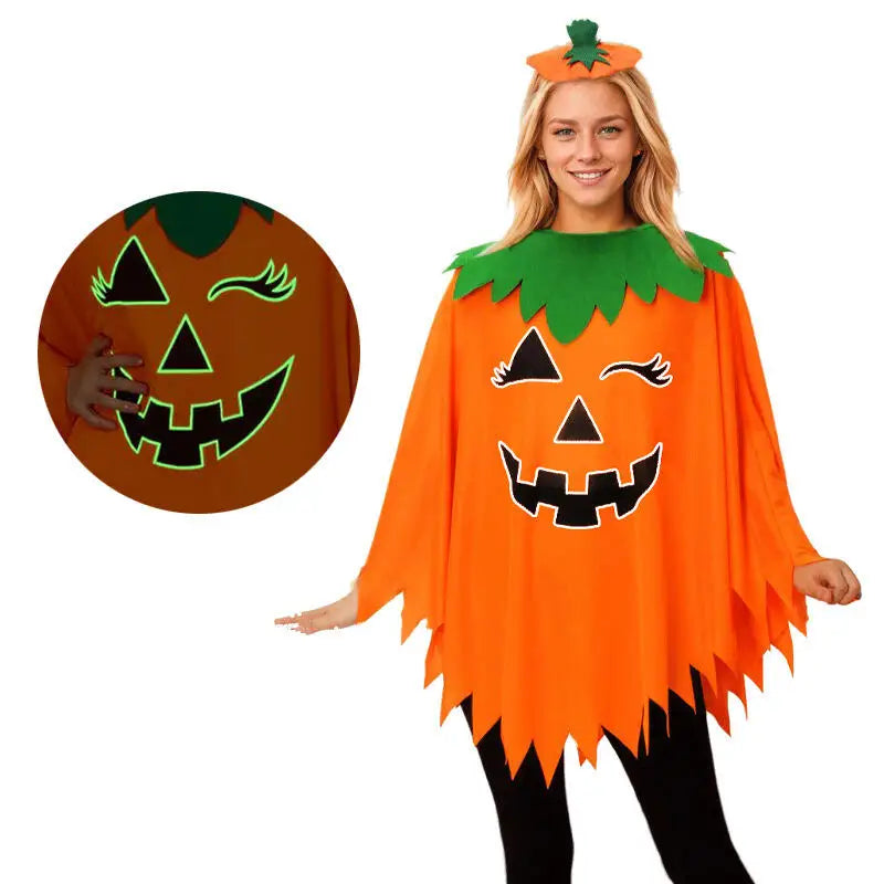 2PCS Halloween Pumpkin Costume for Women Girls Glow in the Dark Pumpkin Poncho with Headwear Unisex Party Clothes