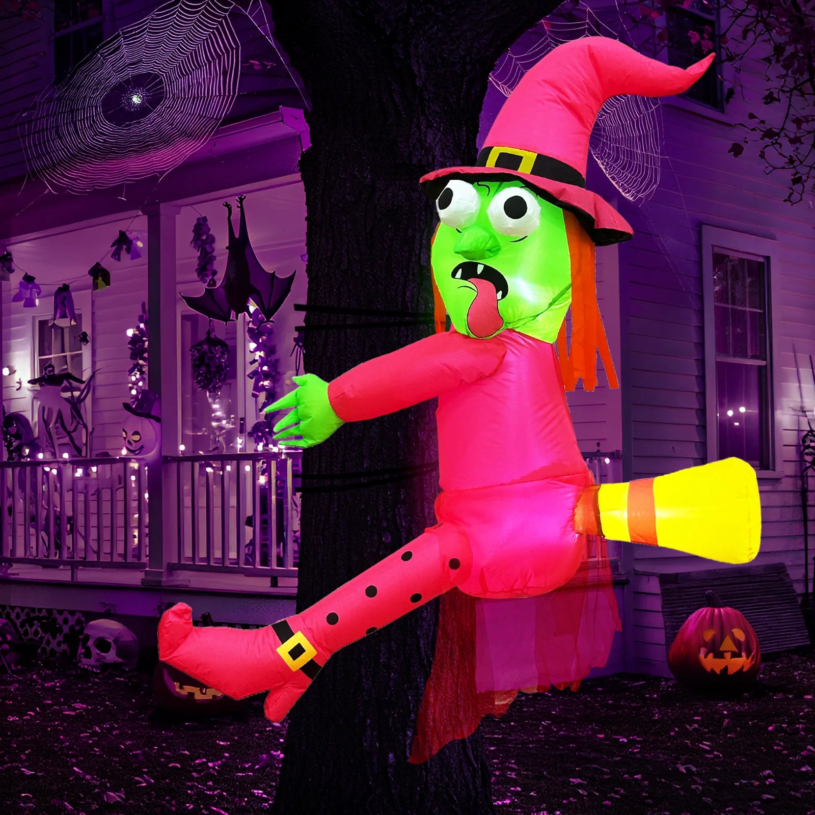 OurWarm Pink 4FT Halloween Inflatables Witch Outdoor Decor, Funny Blow Ups Witch Crashing into Tree,for Tree, Yard, Door, Window