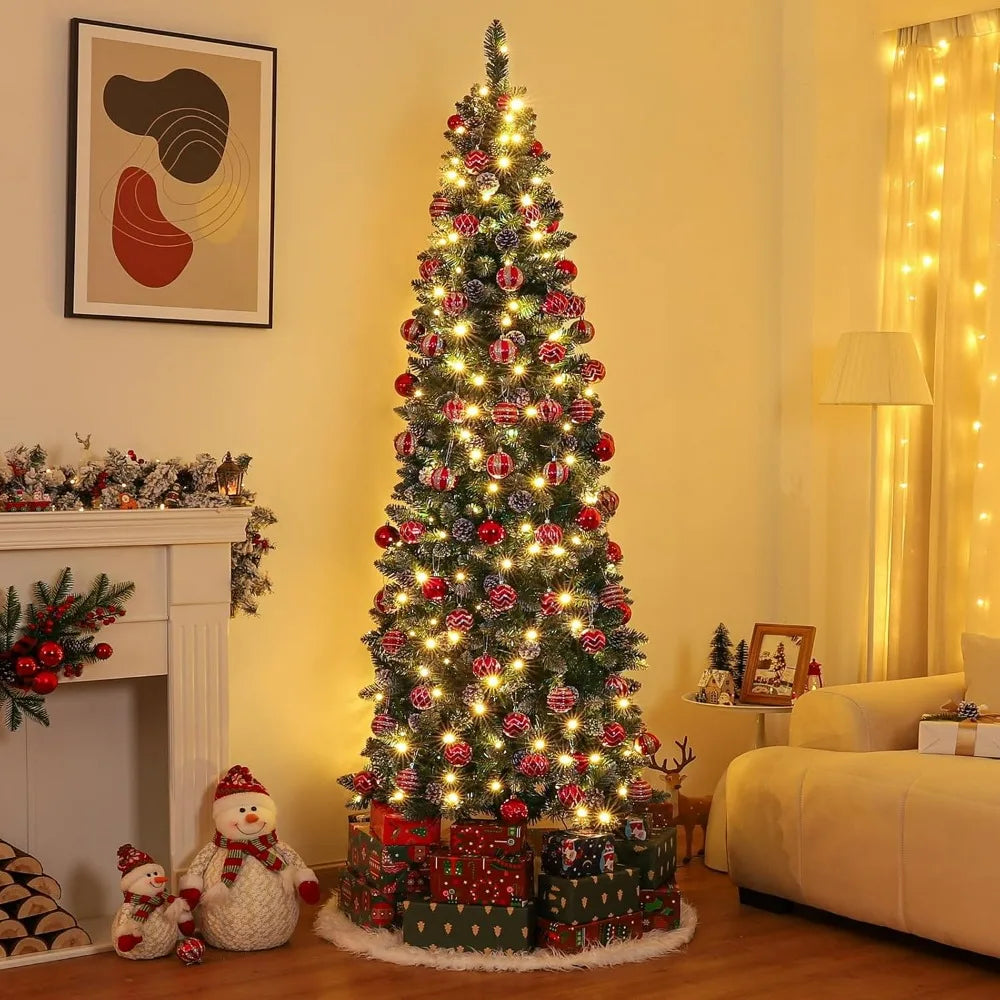 Homde Pencil Christmas Tree 5 Foot Pre-Lit Artificial Christmas Tree Flocked Snow Pine Cone 140 Warm White Light Holiday Decor